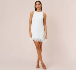 Adrianna Papell Little White Dresses*Sequined Trapeze Halter Dress With Feather Trim In