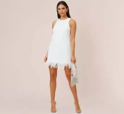 Adrianna Papell Little White Dresses*Sequined Trapeze Halter Dress With Feather Trim In