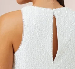 Adrianna Papell Little White Dresses*Sequined Trapeze Halter Dress With Feather Trim In