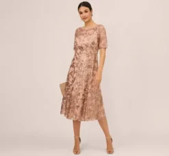 Adrianna Papell Wedding Guest Dresses|Petite-Friendly*Sequin Embroidered Midi Dress With Sheer Short Sleeves In