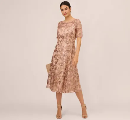 Adrianna Papell Wedding Guest Dresses|Petite-Friendly*Sequin Embroidered Midi Dress With Sheer Short Sleeves In