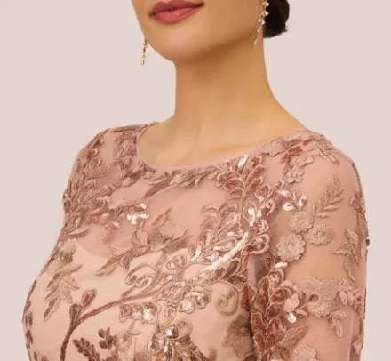 Adrianna Papell Wedding Guest Dresses|Petite-Friendly*Sequin Embroidered Midi Dress With Sheer Short Sleeves In