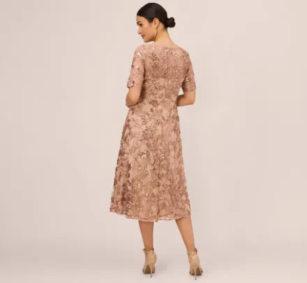Adrianna Papell Wedding Guest Dresses|Petite-Friendly*Sequin Embroidered Midi Dress With Sheer Short Sleeves In