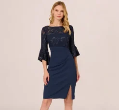 Adrianna Papell Wedding Guest Dresses|Day Dresses*Sequin Floral Lace Dress With Sheer Bell Sleeves In