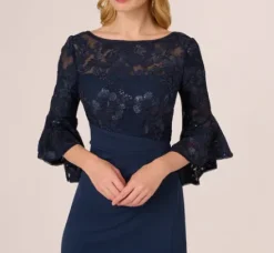 Adrianna Papell Wedding Guest Dresses|Day Dresses*Sequin Floral Lace Dress With Sheer Bell Sleeves In