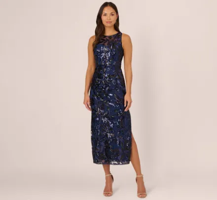 Adrianna Papell Wedding Guest Dresses|Formal Dresses*Sequin Leaf Halter Column Gown With Sheer Neckline In Navy Black