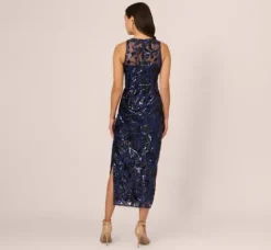Adrianna Papell Wedding Guest Dresses|Formal Dresses*Sequin Leaf Halter Column Gown With Sheer Neckline In Navy Black