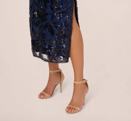 Adrianna Papell Wedding Guest Dresses|Formal Dresses*Sequin Leaf Halter Column Gown With Sheer Neckline In Navy Black