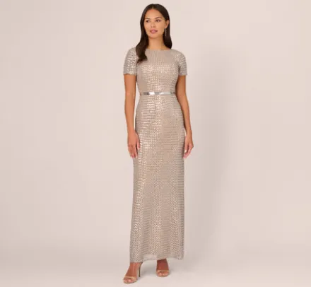 Adrianna Papell Wedding Guest Dresses|Formal Dresses*Sequin Short Sleeve Column Gown With Embellished Waist In Silver Nude