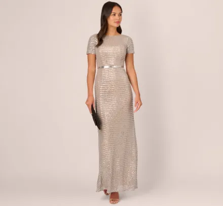 Adrianna Papell Wedding Guest Dresses|Formal Dresses*Sequin Short Sleeve Column Gown With Embellished Waist In Silver Nude