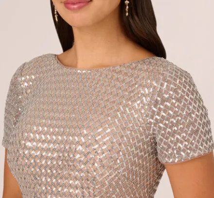 Adrianna Papell Wedding Guest Dresses|Formal Dresses*Sequin Short Sleeve Column Gown With Embellished Waist In Silver Nude