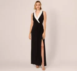 Adrianna Papell Wedding Guest Dresses|Formal Dresses*Shawl Collar Jersey Gown In Black Ivory