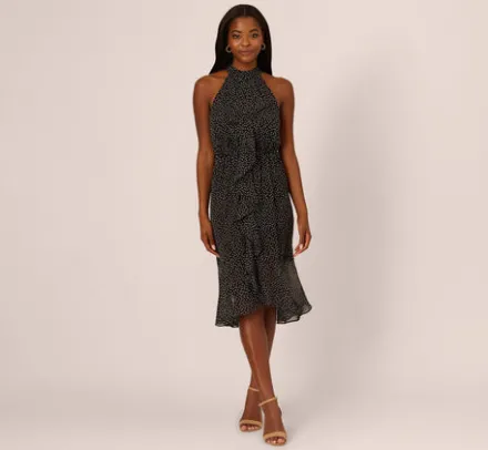 Adrianna Papell Wedding Guest Dresses|Day Dresses*Shirred Dot Chiffon Midi Dress In Black Ivory