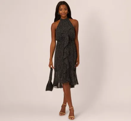 Adrianna Papell Wedding Guest Dresses|Day Dresses*Shirred Dot Chiffon Midi Dress In Black Ivory