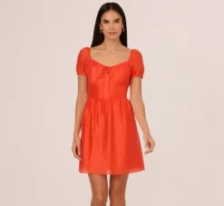 Adrianna Papell Wedding Guest Dresses|Day Dresses*Shirred Fit And Flare Dress With Puff Short Sleeves In Orange Spice