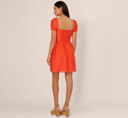 Adrianna Papell Wedding Guest Dresses|Day Dresses*Shirred Fit And Flare Dress With Puff Short Sleeves In Orange Spice