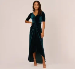 Adrianna Papell Wedding Guest Dresses|Formal Dresses*Shirred Velvet Gown With Elbow-Length Sleeves In