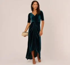 Adrianna Papell Wedding Guest Dresses|Formal Dresses*Shirred Velvet Gown With Elbow-Length Sleeves In