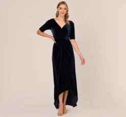 Adrianna Papell Wedding Guest Dresses|Formal Dresses*Shirred Velvet Gown With Elbow-Length Sleeves In