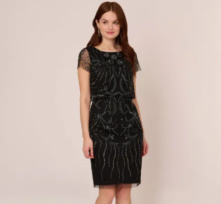 Adrianna Papell Wedding Guest Dresses|Petite-Friendly*Short Sleeve Beaded Cocktail Dress With Popover In Black Gunmetal