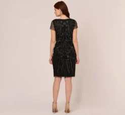Adrianna Papell Wedding Guest Dresses|Petite-Friendly*Short Sleeve Beaded Cocktail Dress With Popover In Black Gunmetal