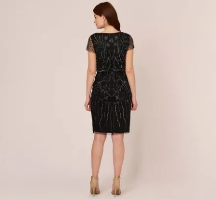 Adrianna Papell Wedding Guest Dresses|Petite-Friendly*Short Sleeve Beaded Cocktail Dress With Popover In Black Gunmetal