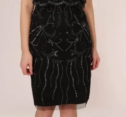 Adrianna Papell Wedding Guest Dresses|Petite-Friendly*Short Sleeve Beaded Cocktail Dress With Popover In Black Gunmetal