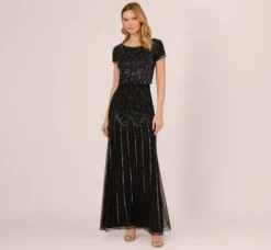 Adrianna Papell Wedding Guest Dresses|Formal Dresses*Short Sleeve Blouson Beaded Gown In Black Gunmetal