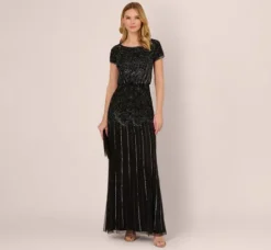 Adrianna Papell Wedding Guest Dresses|Formal Dresses*Short Sleeve Blouson Beaded Gown In Black Gunmetal
