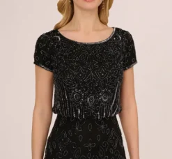 Adrianna Papell Wedding Guest Dresses|Formal Dresses*Short Sleeve Blouson Beaded Gown In Black Gunmetal