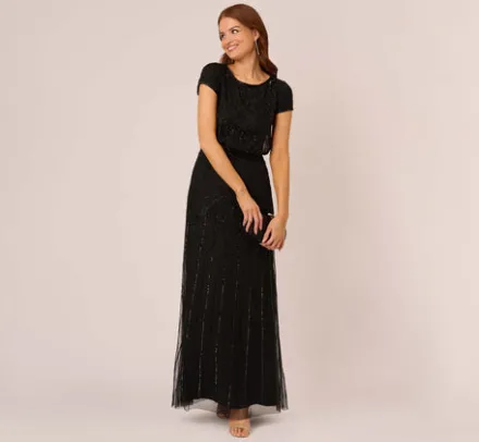 Adrianna Papell Wedding Guest Dresses|Formal Dresses*Short Sleeve Blouson Beaded Gown In