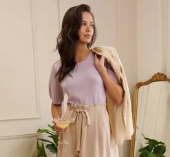 Adrianna Papell Tops & Blouses|Sweaters*Short Sleeve Cable Knit Sweater With Crew Neckline In Orchid Petal
