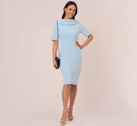 Adrianna Papell Wedding Guest Dresses|Day Dresses*Short Sleeve Crepe Dress With Rolled Neck In Blue Mist