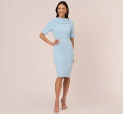 Adrianna Papell Wedding Guest Dresses|Day Dresses*Short Sleeve Crepe Dress With Rolled Neck In Blue Mist