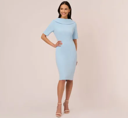 Adrianna Papell Wedding Guest Dresses|Day Dresses*Short Sleeve Crepe Dress With Rolled Neck In Blue Mist
