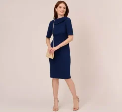 Adrianna Papell Wedding Guest Dresses|Day Dresses*Short Sleeve Crepe Dress With Rolled Neck In Navy Sateen
