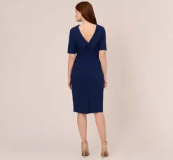 Adrianna Papell Wedding Guest Dresses|Day Dresses*Short Sleeve Crepe Dress With Rolled Neck In Navy Sateen