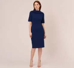 Adrianna Papell Wedding Guest Dresses|Day Dresses*Short Sleeve Crepe Dress With Rolled Neck In Navy Sateen