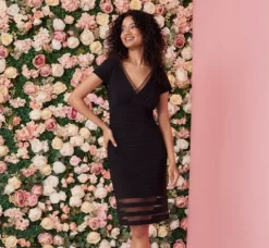 Adrianna Papell Wedding Guest Dresses|Day Dresses*Short Sleeve Pintucked Lace Dress With V Neckline In