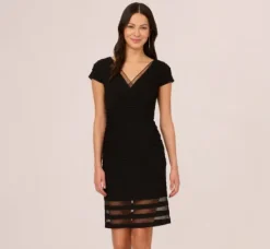 Adrianna Papell Wedding Guest Dresses|Day Dresses*Short Sleeve Pintucked Lace Dress With V Neckline In