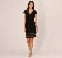 Adrianna Papell Wedding Guest Dresses|Day Dresses*Short Sleeve Pintucked Lace Dress With V Neckline In