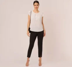 Adrianna Papell Tops & Blouses*Short Sleeve Printed Top With Pleated Details In Ivory Black Seed Dot