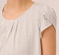 Adrianna Papell Tops & Blouses*Short Sleeve Printed Top With Pleated Details In Ivory Black Seed Dot
