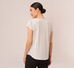 Adrianna Papell Tops & Blouses*Short Sleeve Printed Top With Pleated Details In Ivory Black Seed Dot