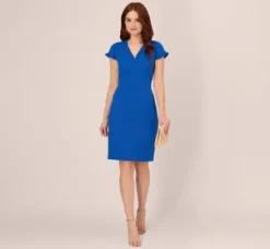 Adrianna Papell Wedding Guest Dresses|Day Dresses*Short Sleeve Sheath Dress With Ruffle Trim In Cobalt Blue