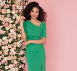 Adrianna Papell Wedding Guest Dresses|Day Dresses*Short Sleeves Sheath Dress With Asymmetrical Neckline In Vivid Green