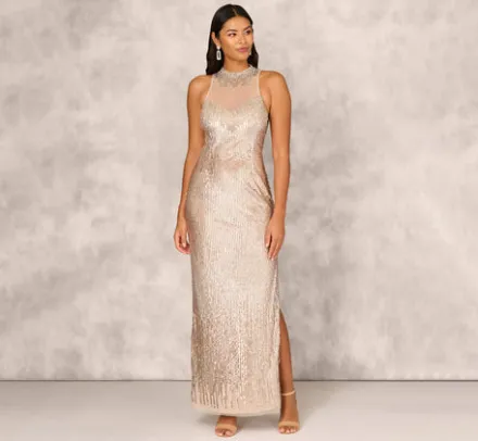 Adrianna Papell Wedding Guest Dresses|Formal Dresses*Sleeveless Beaded Column Gown With Illusion Neckline In