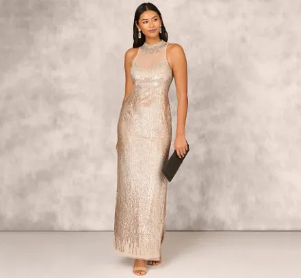 Adrianna Papell Wedding Guest Dresses|Formal Dresses*Sleeveless Beaded Column Gown With Illusion Neckline In