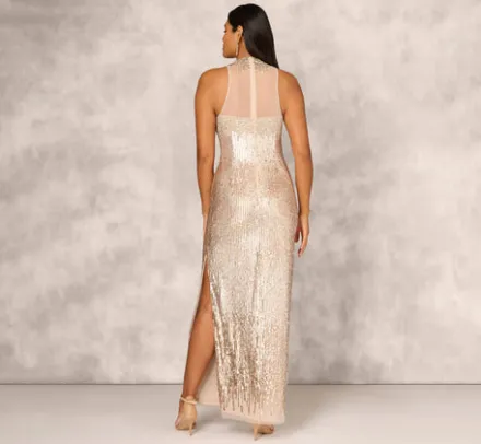 Adrianna Papell Wedding Guest Dresses|Formal Dresses*Sleeveless Beaded Column Gown With Illusion Neckline In