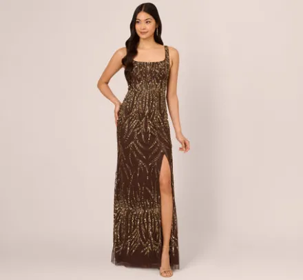 Adrianna Papell Wedding Guest Dresses|Formal Dresses*Sleeveless Beaded Mermaid Gown With Square Neckline In